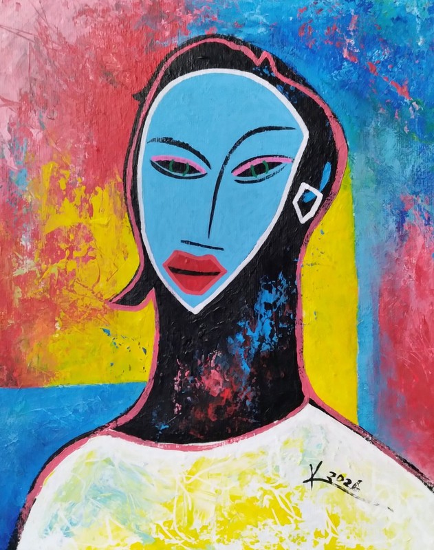 «Blue Face Lady» Original African American Art Portrait Painting 10″ x 8″