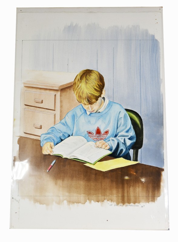 22″ Watercolor Painting Neil Gatewood Americana Young Boy Doing Homework Study