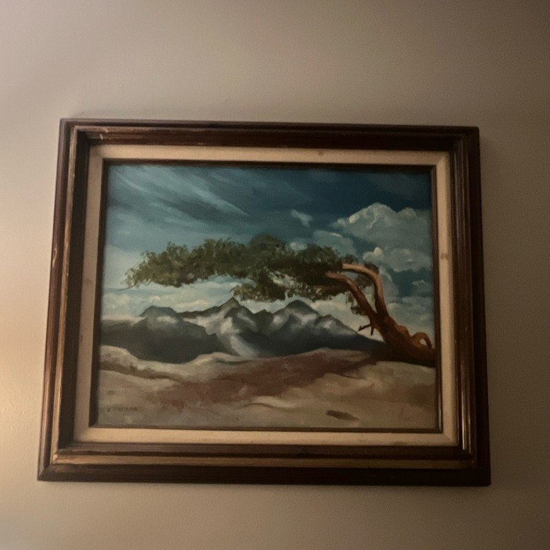 Framed Impressionist Landscape Painting Mountain Tree Sky & Clouds Nature