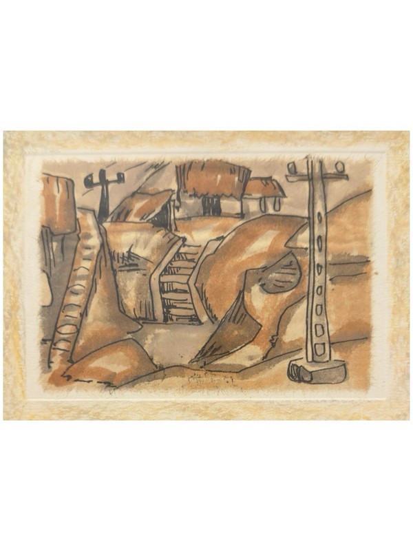 Vintage Painting Jakarta Indonesia Wood Frame Matted Artisan Art Village 8.5” x7 gallery