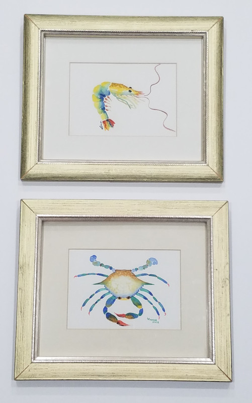 Original Watercolor Seafood Shrimp & Crab Framed Wall Art Set pf 2