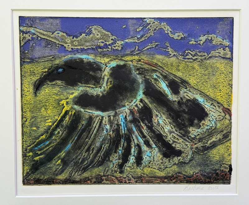 SURREAL ABSTRACT BIRD PAINTING SIGNED BARBARA ILLEGIBLE 1/1 ETCHING HAND PAINTED