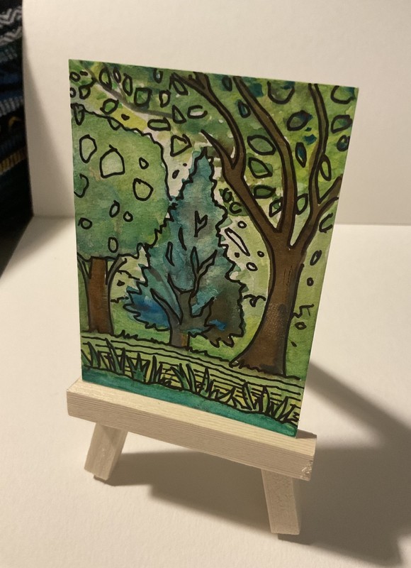 «Path in Trees » Original watercolor/pen trading card signed by artist