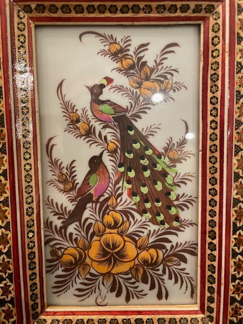 Khatam Marquestry Frame Birds Floral Hand Painted on silk 5.5X8.5 Free standREAD gallery
