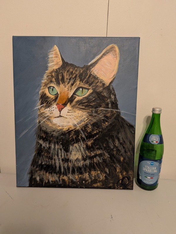 Unframed Original Cat Portrait Painting on Canvas. Signed. Gray Tabby Green eyes gallery