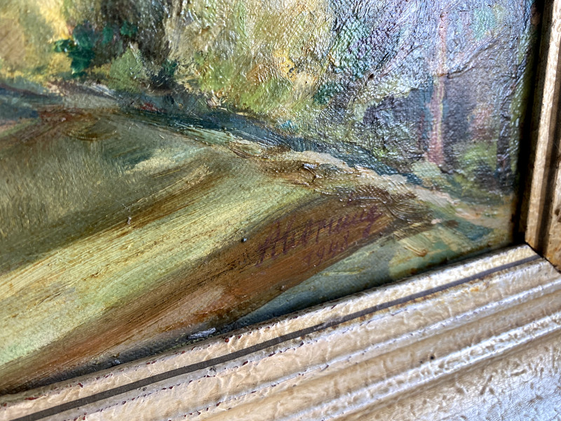 ::OIL PAINTING LANDSCAPE CASTLE CASTLE WHO KNOWS THE PLACE? SIGNED FRAME 1948 gallery