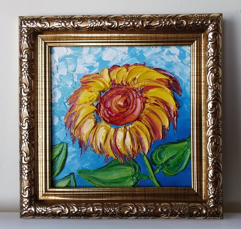 Framed Bright Sunflower Yellow Summer Flower 4x4" Impasto Oil Painting Original gallery