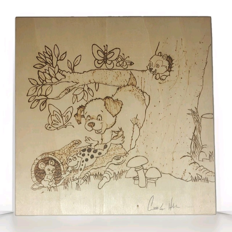 10″X10″ Pyrography Whimsical Nature Scene Artist Signed