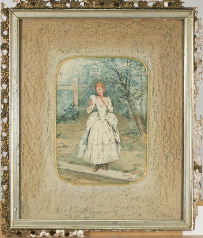 Untitled (Woman in Park Reading Letter) by M. Duboy Signed Watercolor 24×20 1/2