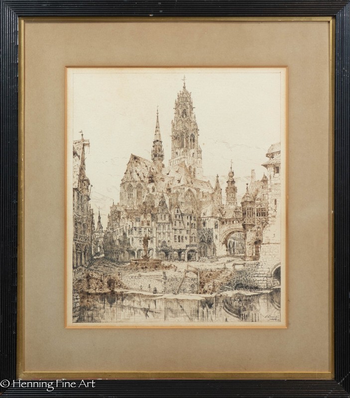 Exquisite Antique Watercolor Ink Drawing of Evreux Notre Dame Cathedral Spires