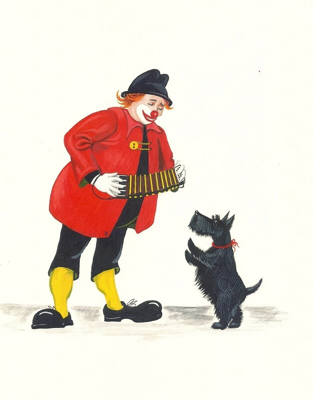 11X14 INCH PRINT OF PAINTING RYTA DOG SCOTTISH TERRIER CIRCUS CLOWN folk art 🙂