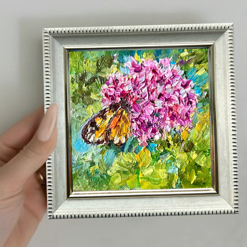 Pink Flowers Original Oil Painting Butterfly Impasto Small Art 4*4in Mini Art OS