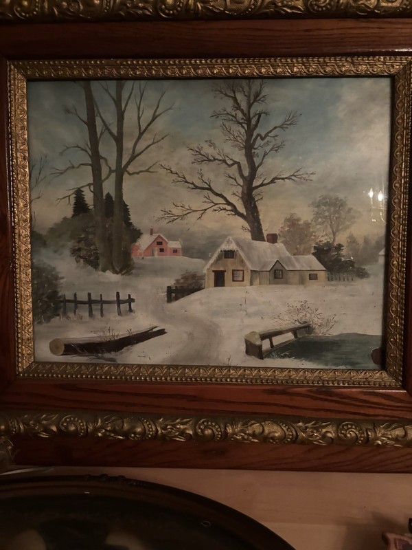 Framed Winter Landscape Painting with Houses & Trees Nature Scene