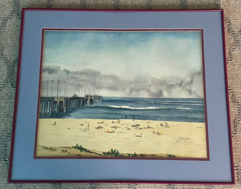 Vintage Framed / Glass Art — Beach and Boardwalk Landscape Watercolor 1975