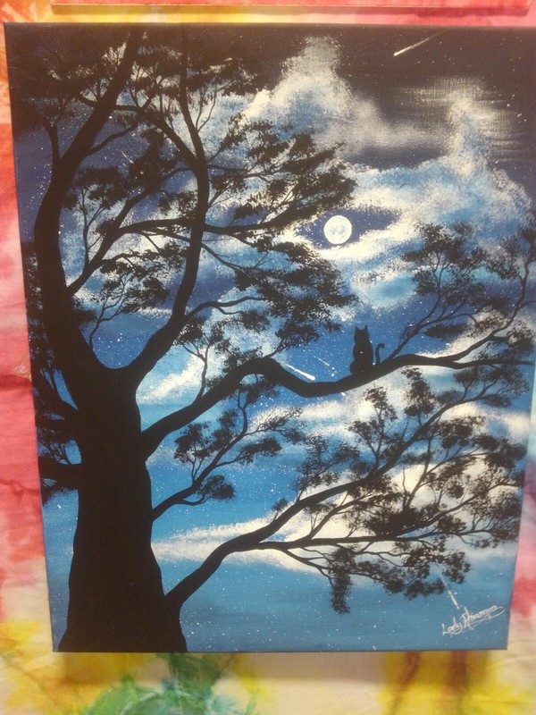 Original hand-painted acrylic Cat In Tree painting on canvas 16 by 20 inches gallery