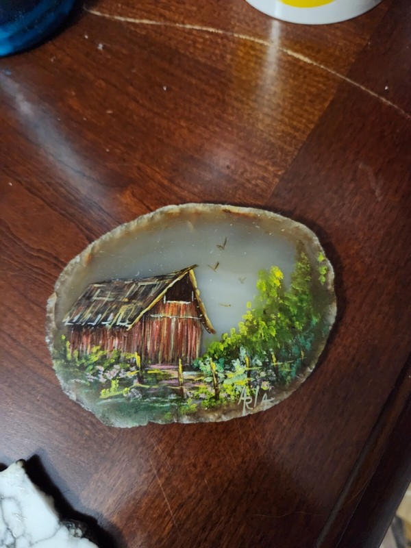 Hand Painted country barn Artwork on Stone Rock Slab Signed by Artist