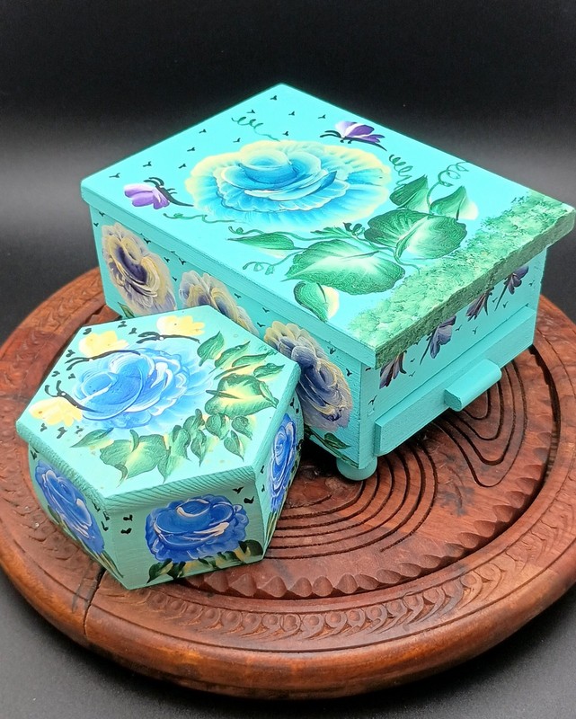 Handpainted Wood Boxes, Jewelry/Trinket Keepsake Boxes. Signed. B.S.T.