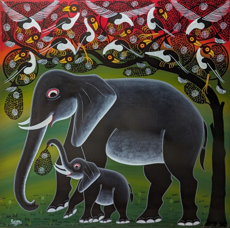 RASHIDI’s LOVE OF ELEPHANTS Classic Tingatinga on board color banded 2’x2′