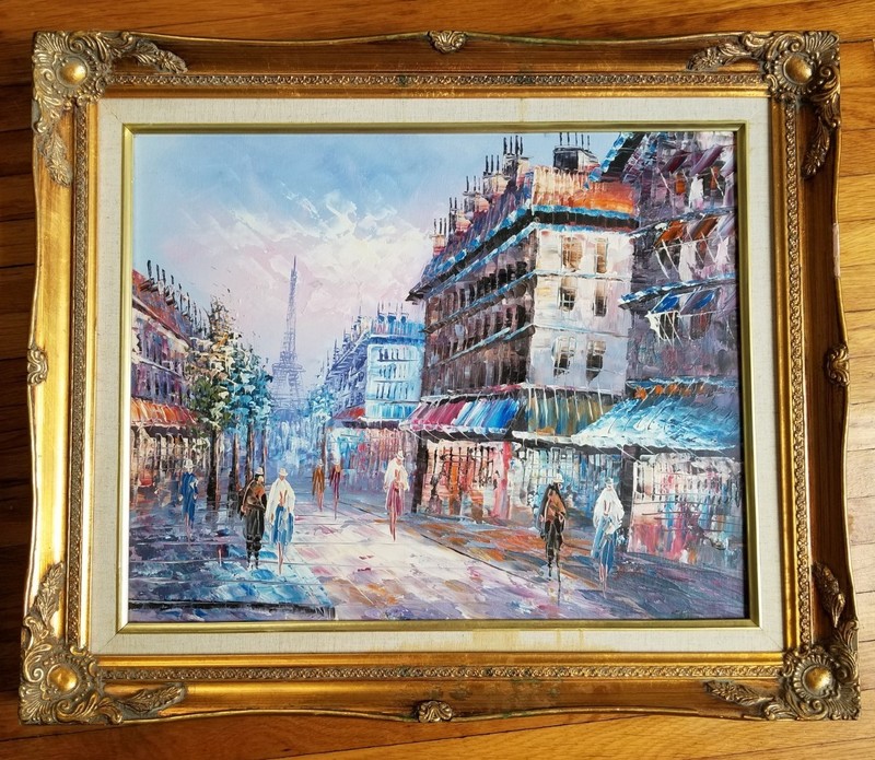 PARIS STREET SCENE Original OIL On 16×20 Canvas PAINTING Eiffel Tower Gold Frame