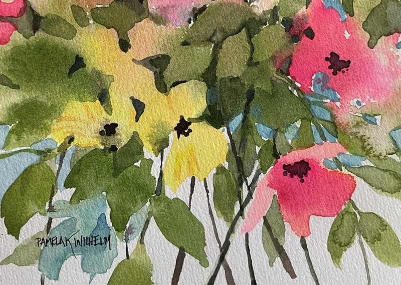 6X9 Original Pamela Wilhelm Loose Watercolor Coral Pink Yellow Green Floral gallery