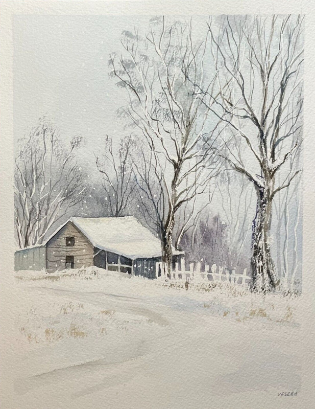 Original Watercolor Painting Landscape Nature Winter Snow Old Barn – 7×9 in