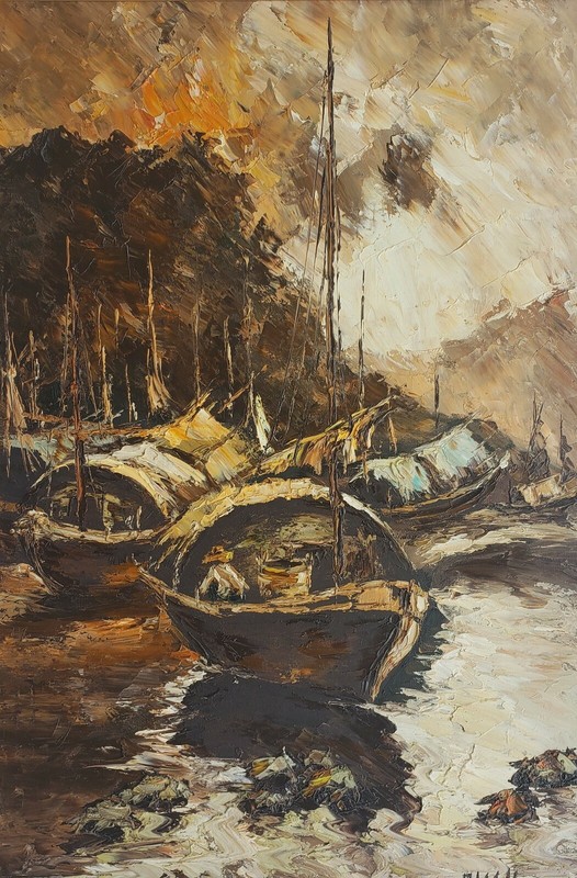 Signed O. Man – Fishing Boats in Harbor – Painting Hong Kong China Asian Art