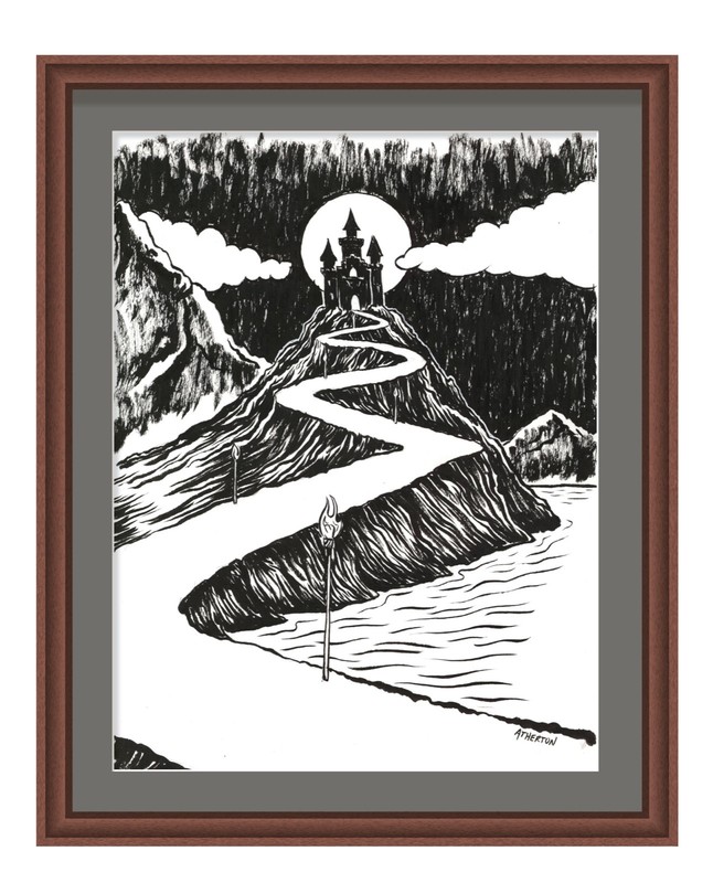 9×12 Original Fantasy Castle Drawing Gothic Fairytale Ink Art by Atherton