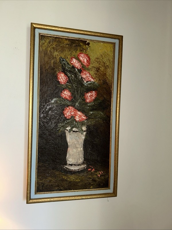 Vintage Oil Painting Flowers in Vase Still Life Framed 26 X14 Signed