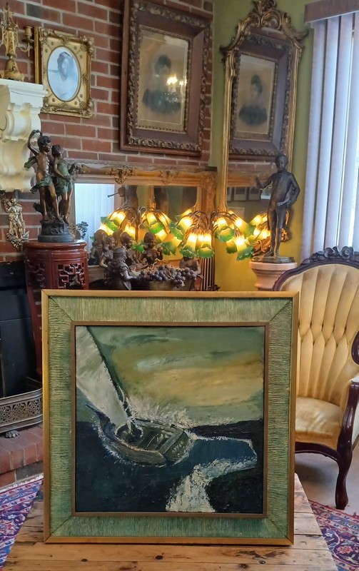 VINTAGE 25″ X 25″ SAILBOAT PAINTING *INHERITED*