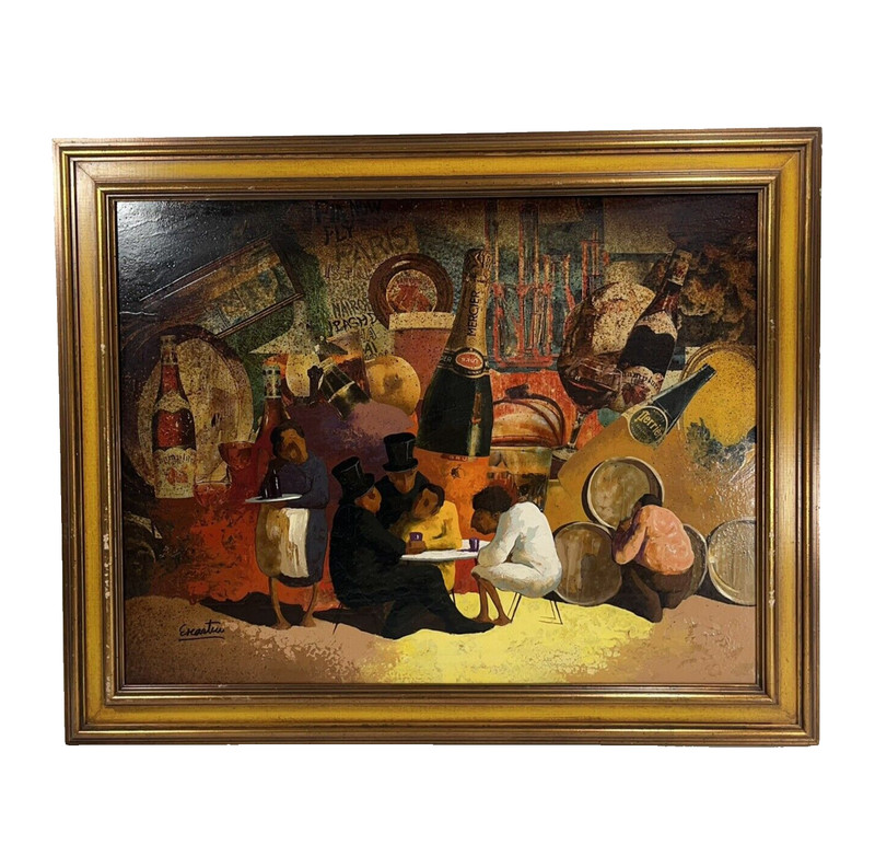 ANDRES ESCARTIN CHAMPAGNE ILLUSTRATION VINTAGE MID CENTURY MIXED MEDIA PAINTING