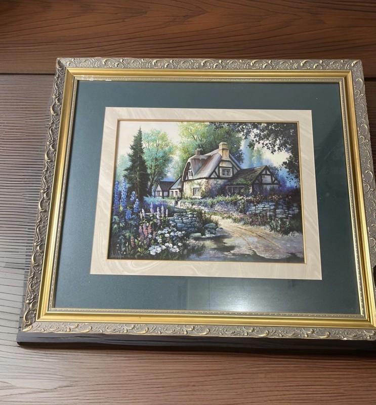 Vintage cottage garden Oil Painted signed Sandra Bergeron 1991 33-1/2 L x 38”W