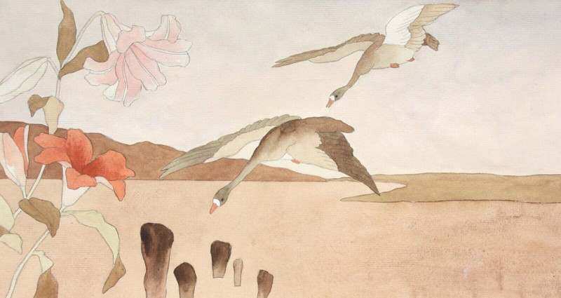 Flying Geese, Watercolour, Japonism, Kacho-ga, Art Nouveau, France c1900
