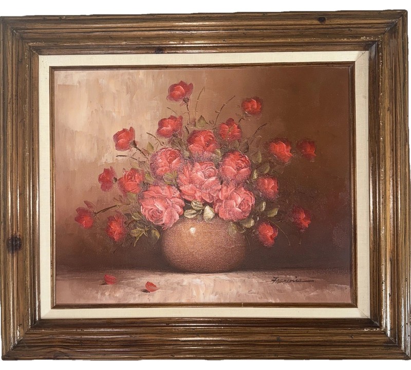 Vintage Francoise Red Roses Still Life Oil Painting on Canvas 27”x 23”