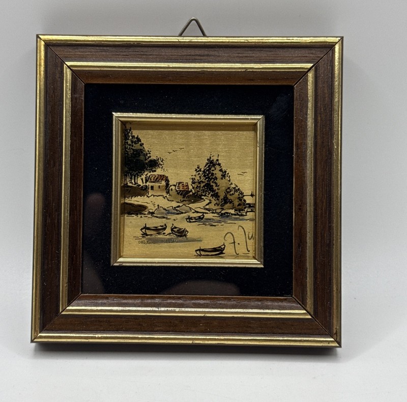 Chromolithograph 24k Gold Leaf FOGLIA ORO Paintings Italy Town Scene 4” 3 Micron