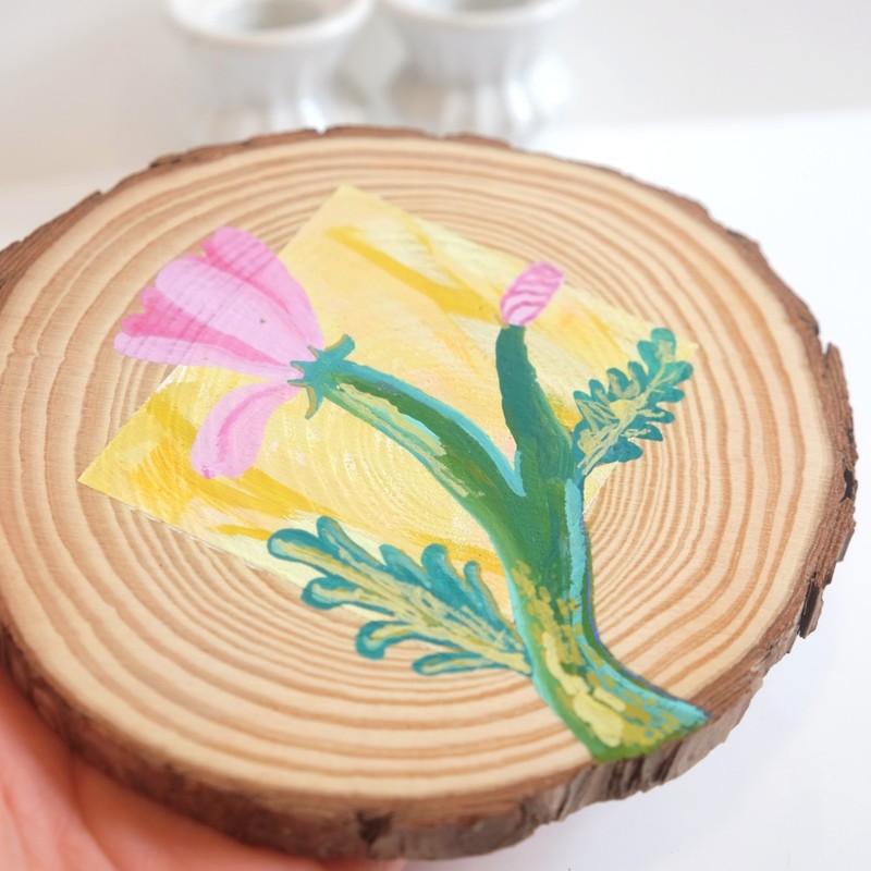 OOAK Original Acrylic Painting Wildflowers Wood Slice Solid Panel Pale Pink Bud gallery