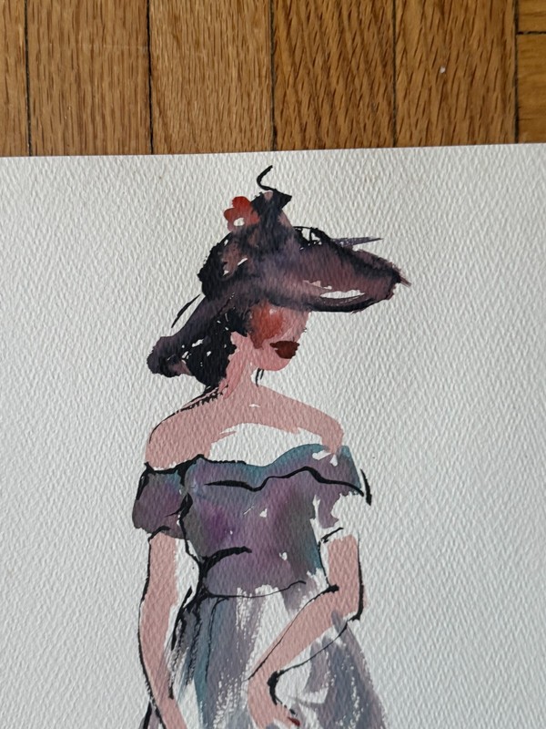 VTG 1950's MCM Watercolor Painting Woman in Dress Womens Fashion 18 x 12 gallery