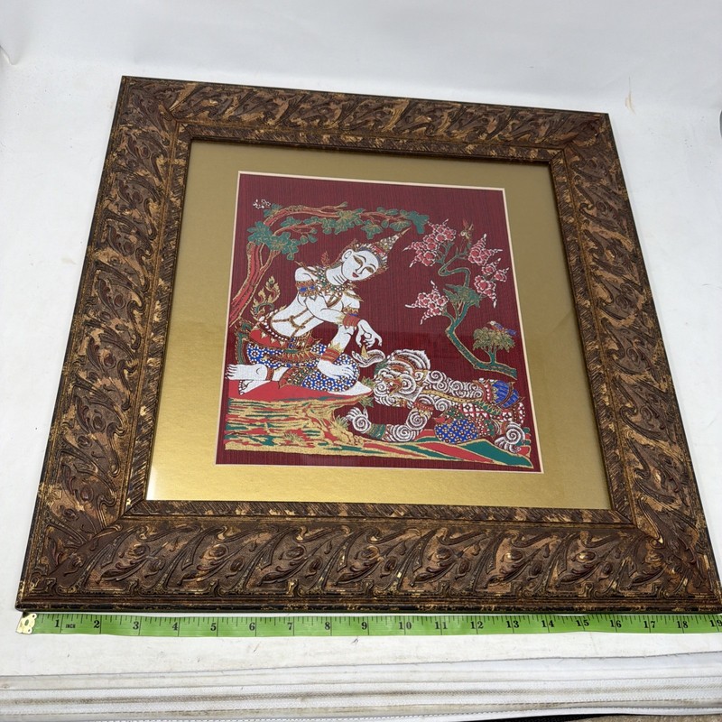 Framed Thai Art On Red Silk India Hindu God Goddess Painting Folk Art 19" x 19" gallery