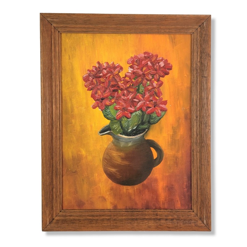 Mid Century Floral Painting Red Flowers Still Life Acrylic on Board C. 1960