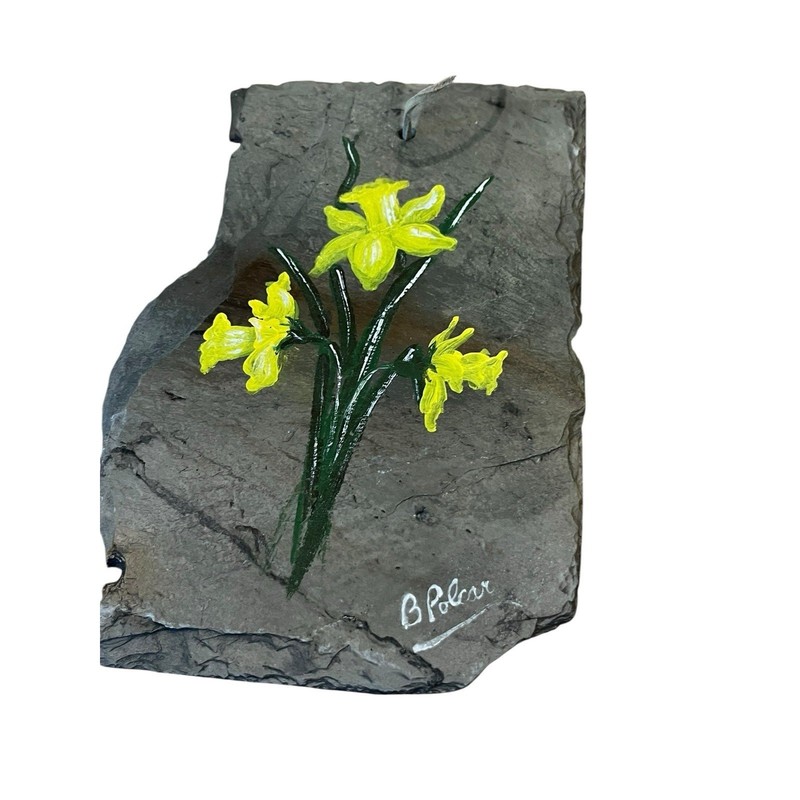 Painted Slate Daffodils Folk Art Signed By Artist B Polcar Rustic Cottagecore gallery