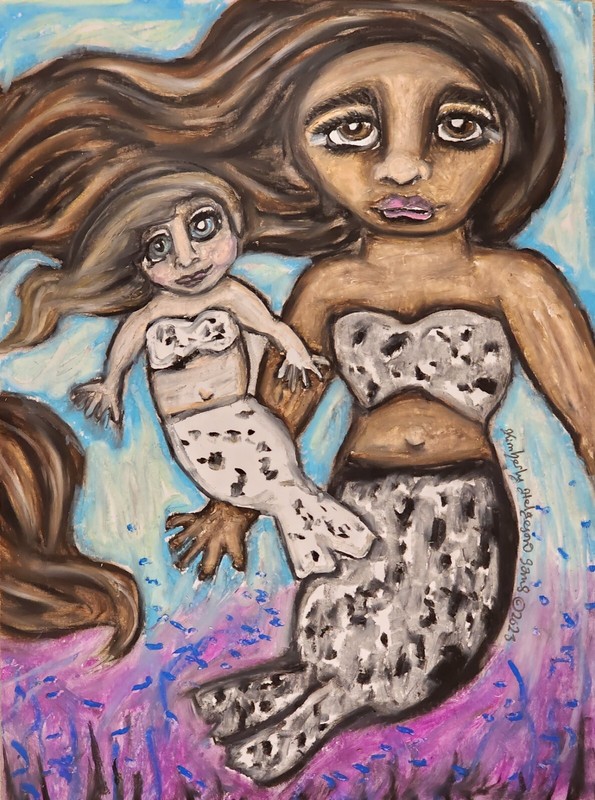 SELKIE MOM and BABY Original 9×12 Pastel Painting by Artist KSams Seal Mermaid