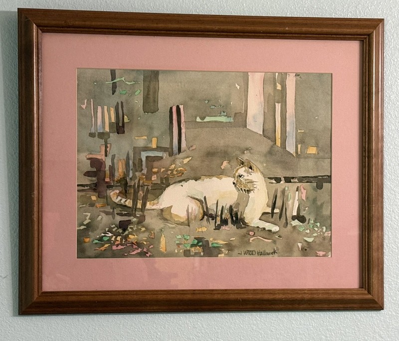 VTG Painting J Wood Hallmark Watercolor Abstract Cat 17x21 Signed Matted Framed gallery