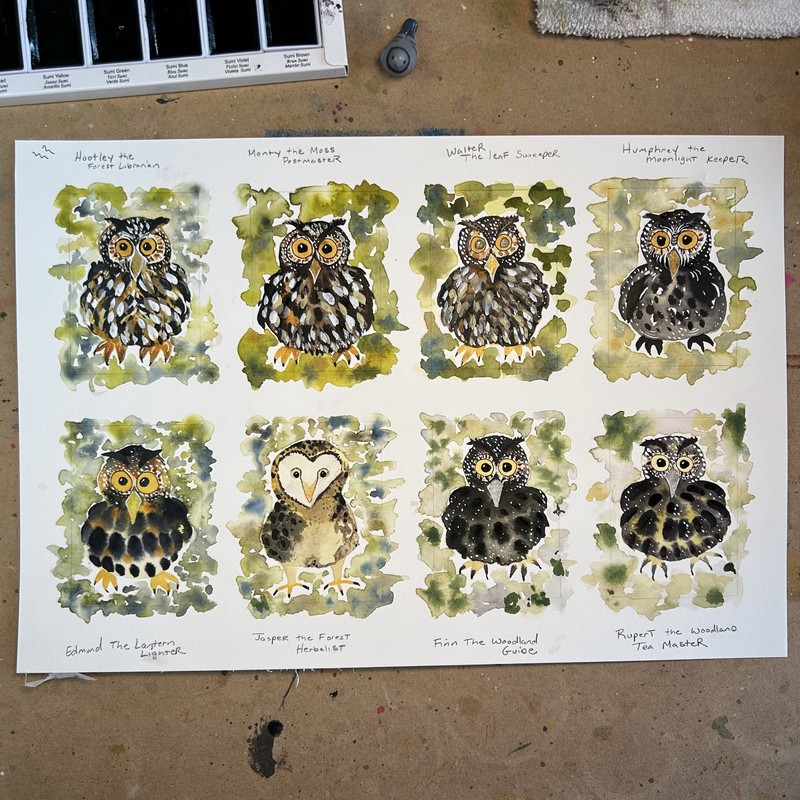 Edmund the Lantern Lighter ACEO Original Painting Owl Art Card 2.5x3.5 OOAK gallery