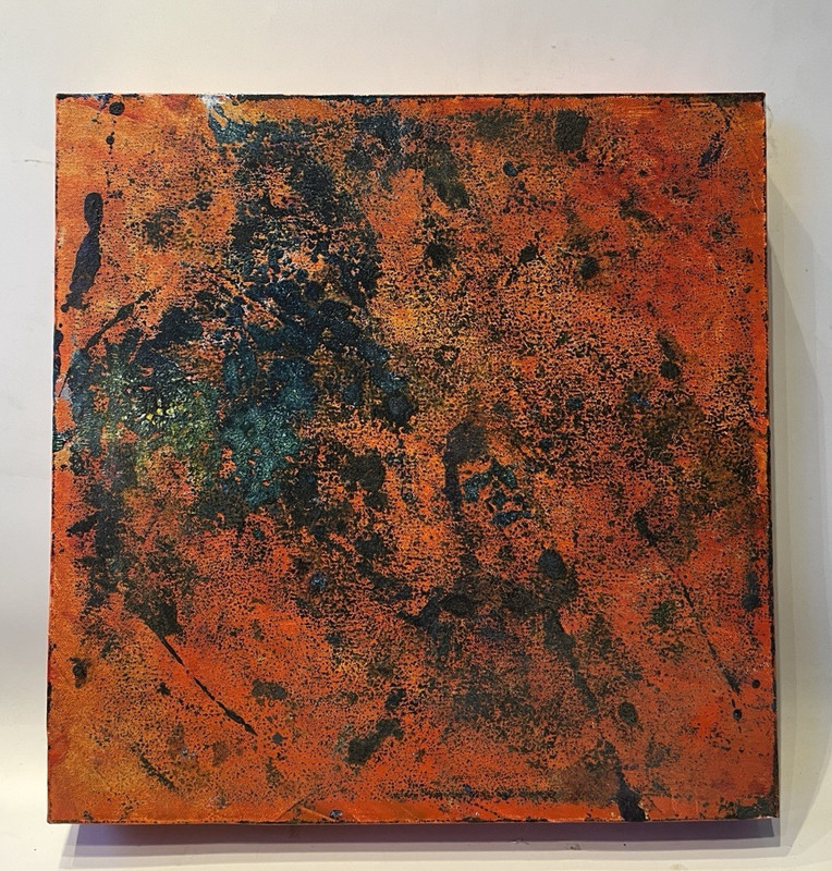 abstract green orange mixed media oil painting LW 40x40x6 cm color composition original gallery