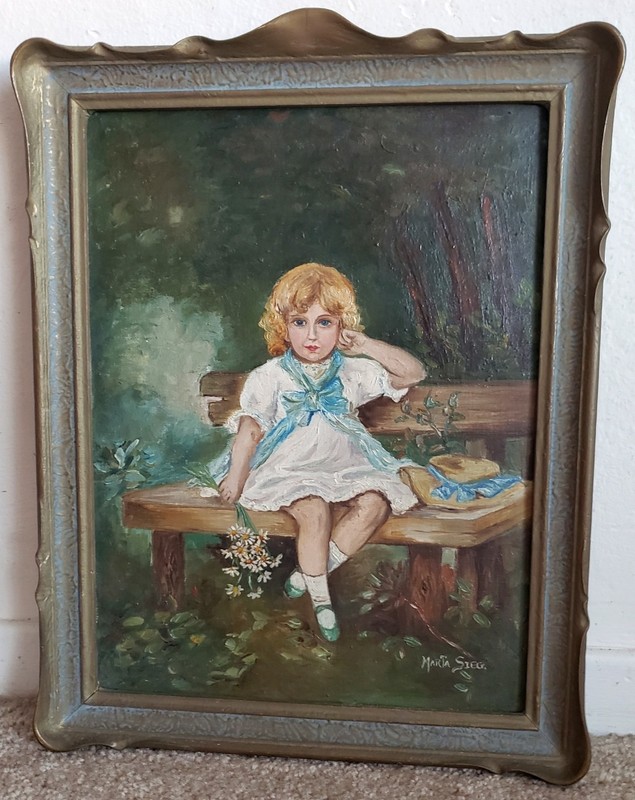 Antique 1920s Little Girl Child Oil on Canvas Painting Pie Crust Picture Frame