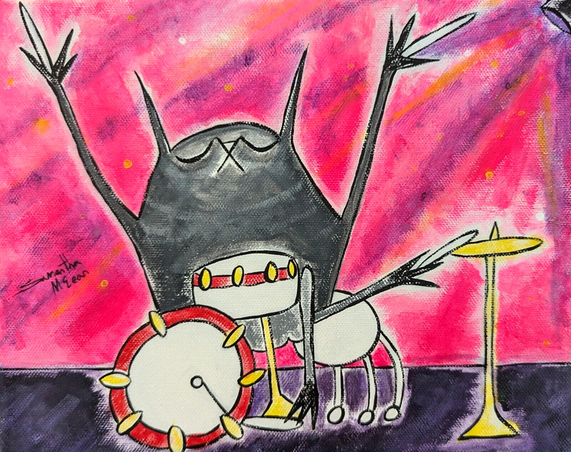 Cat Painting Music Drum Show Original Collectible Folk Art By Samantha McLean