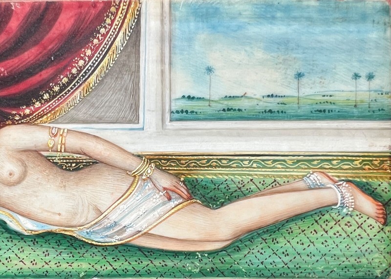 Superb, Late 18th c. Miniature Mughal Style Painting of a Reclining Odalisque gallery