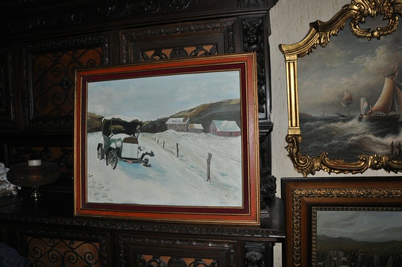 Large Vintage Car & Junk Collector’s Dream Painting Oil on Canvas