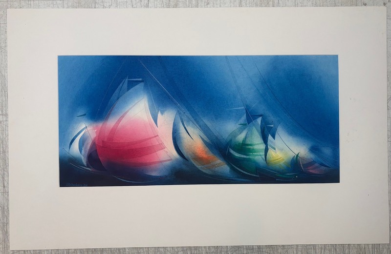 Vintage DONALD STOLTENBERG 'Spinnaker Stripes' Rainbow Fleet Sailboats PAINTING gallery