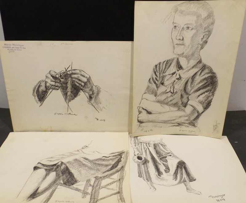 4 Drawings » Körperstudien Portrait Woman » Coal Sign Dat. M.HUNSINGER 1947