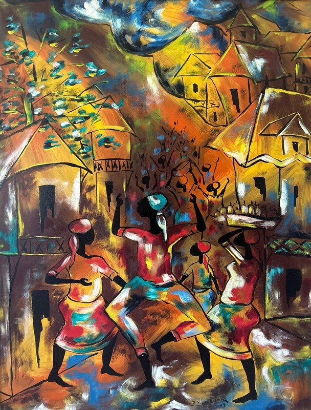 HAITIAN PAINTING on Masonite BY PAUL BEAUVOIR 30X24 signed dated & FRAMED gallery